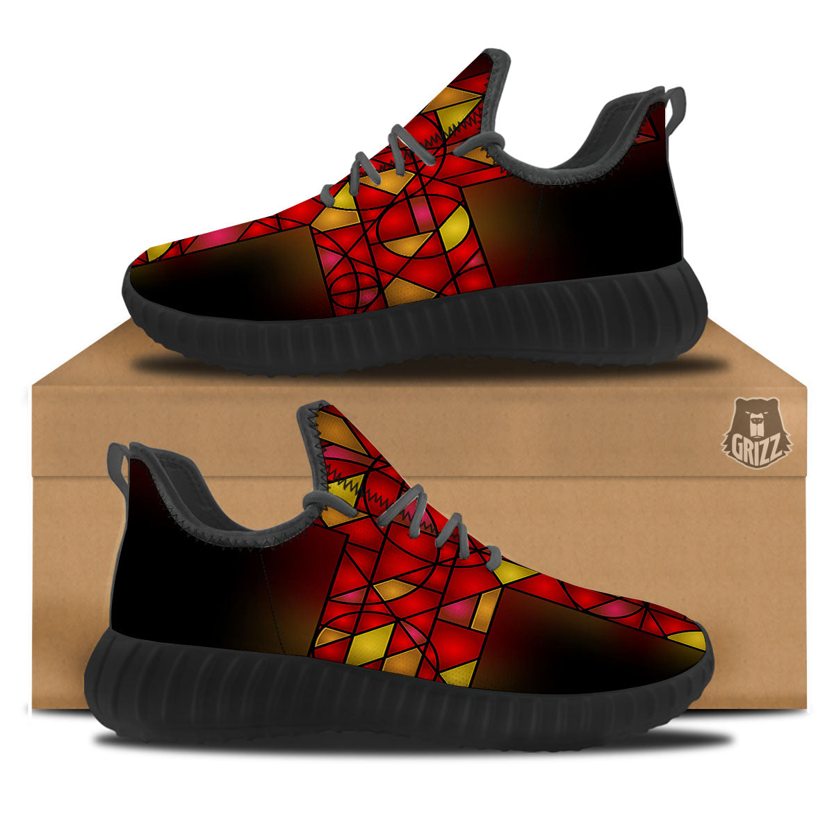 Red And Orange Cross Stained Glass Print Black Walking Shoes-grizzshop