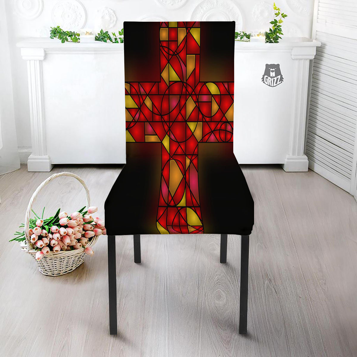 Red And Orange Cross Stained Glass Print Dining Chair Slipcover-grizzshop