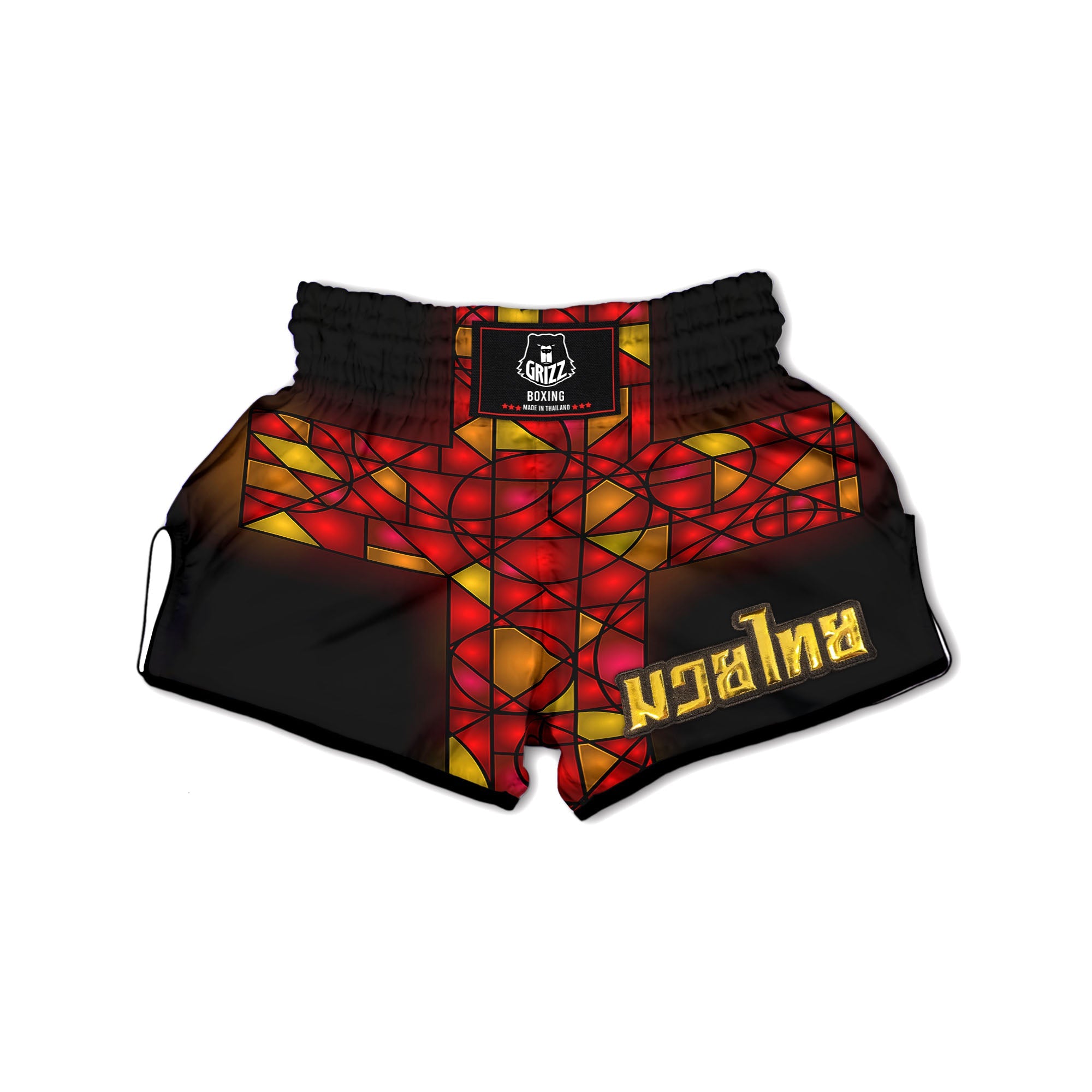 Red And Orange Cross Stained Glass Print Muay Thai Boxing Shorts-grizzshop