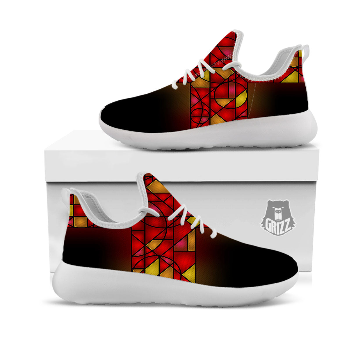 Red And Orange Cross Stained Glass Print White Athletic Shoes-grizzshop