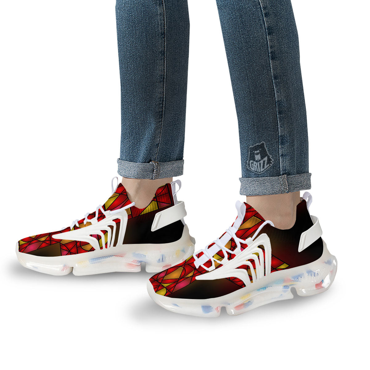 Red And Orange Cross Stained Glass Print White Gym Shoes-grizzshop