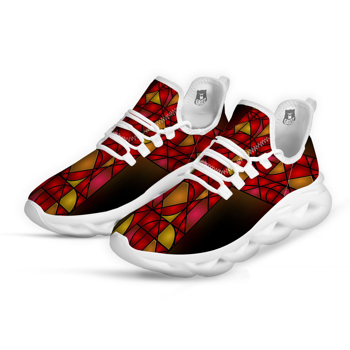 Red And Orange Cross Stained Glass Print White Running Shoes-grizzshop
