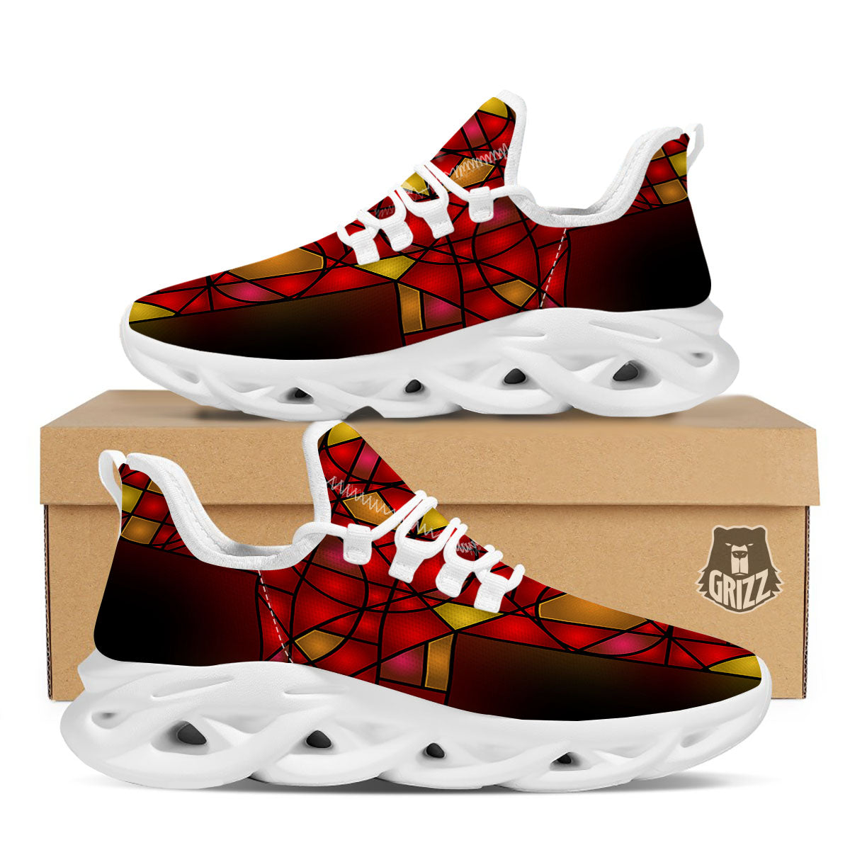 Red And Orange Cross Stained Glass Print White Running Shoes-grizzshop