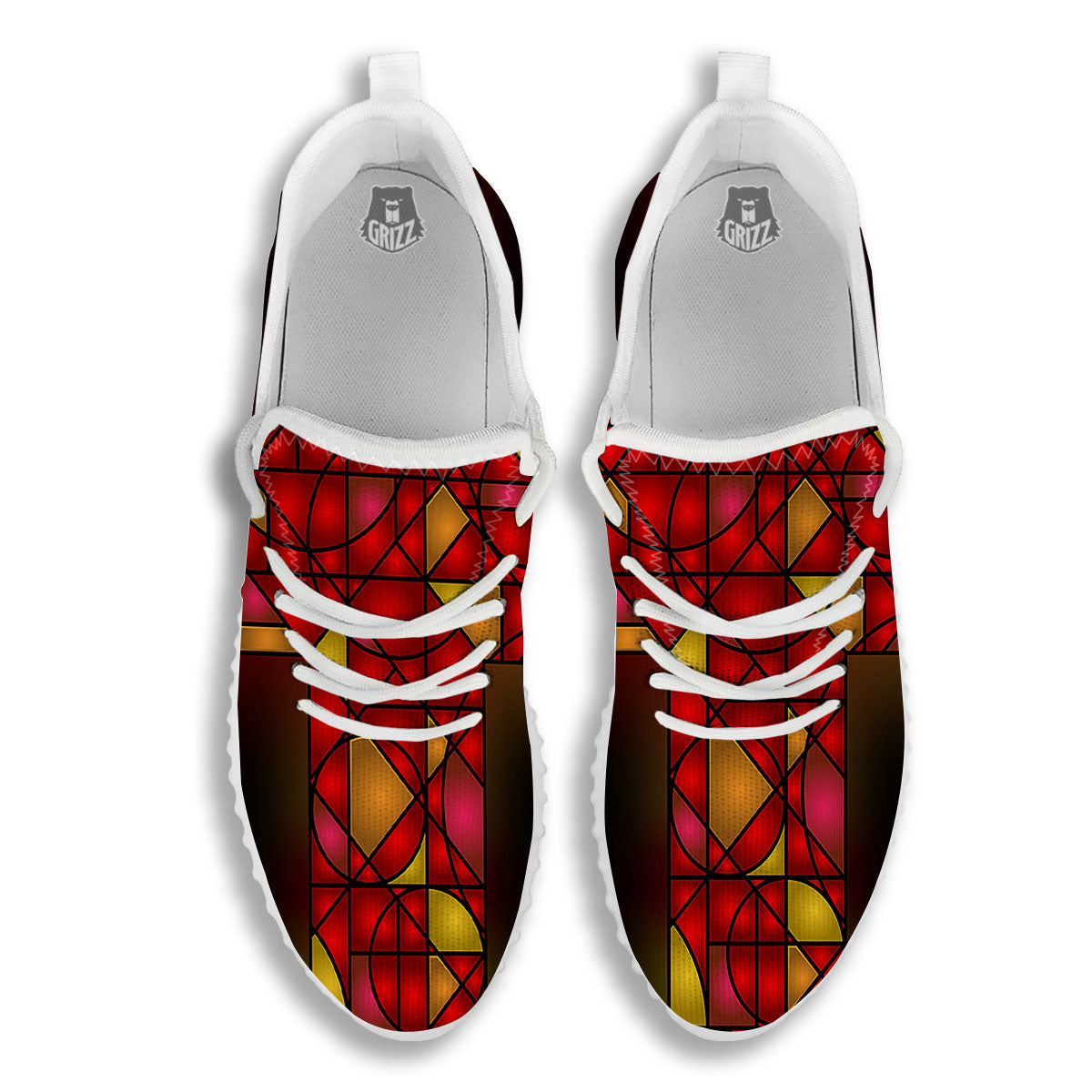 Red And Orange Cross Stained Glass Print White Walking Shoes-grizzshop