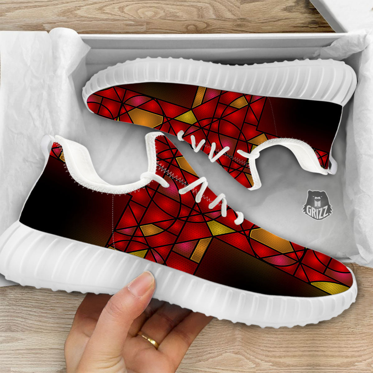 Red And Orange Cross Stained Glass Print White Walking Shoes-grizzshop