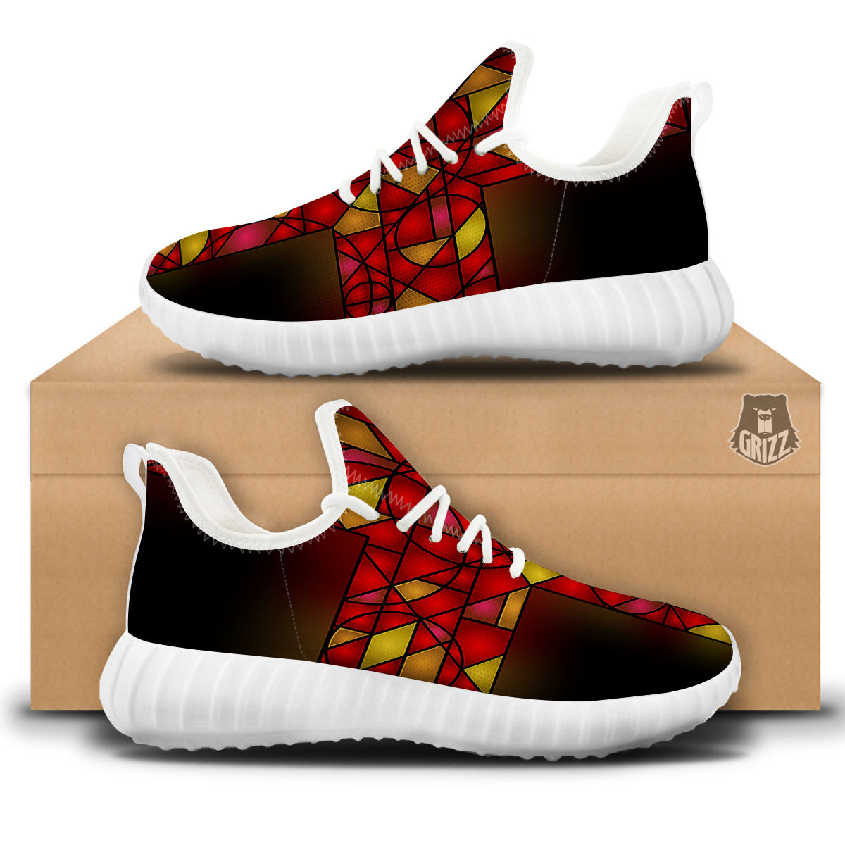 Red And Orange Cross Stained Glass Print White Walking Shoes-grizzshop