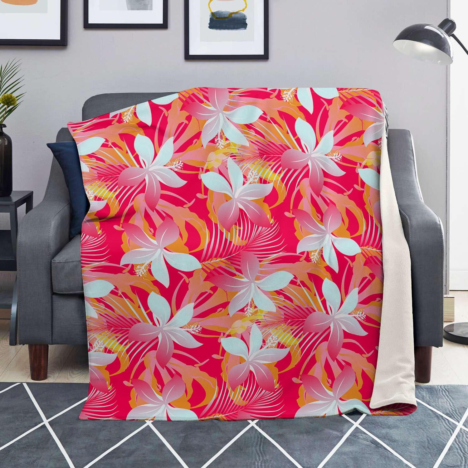 Red And Orange Hibiscus Hawaiian Print Blanket-grizzshop