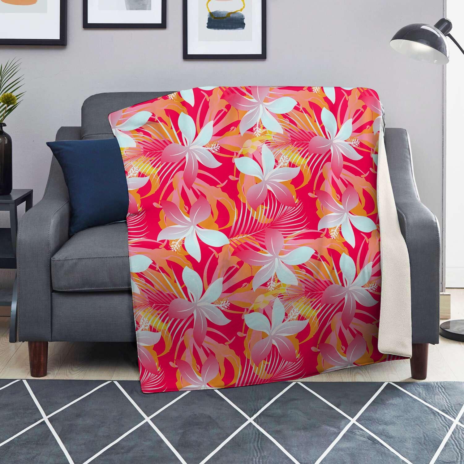 Red And Orange Hibiscus Hawaiian Print Blanket-grizzshop