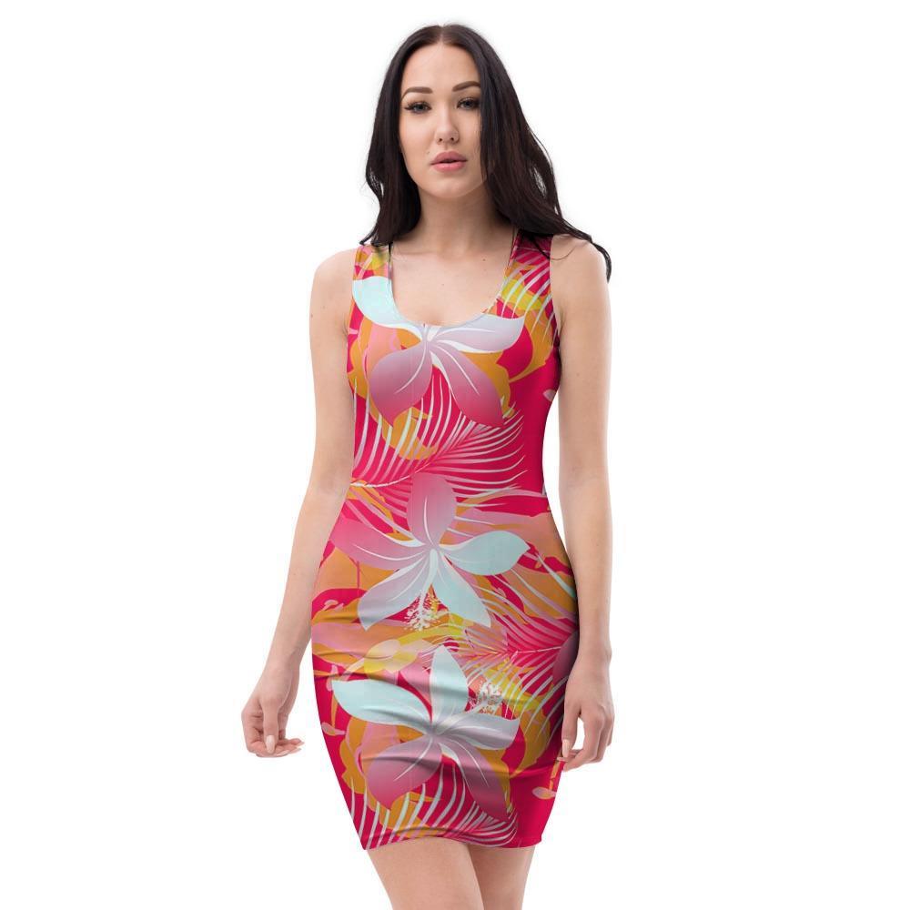 Red And Orange Hibiscus Hawaiian Print Bodycon Dress-grizzshop