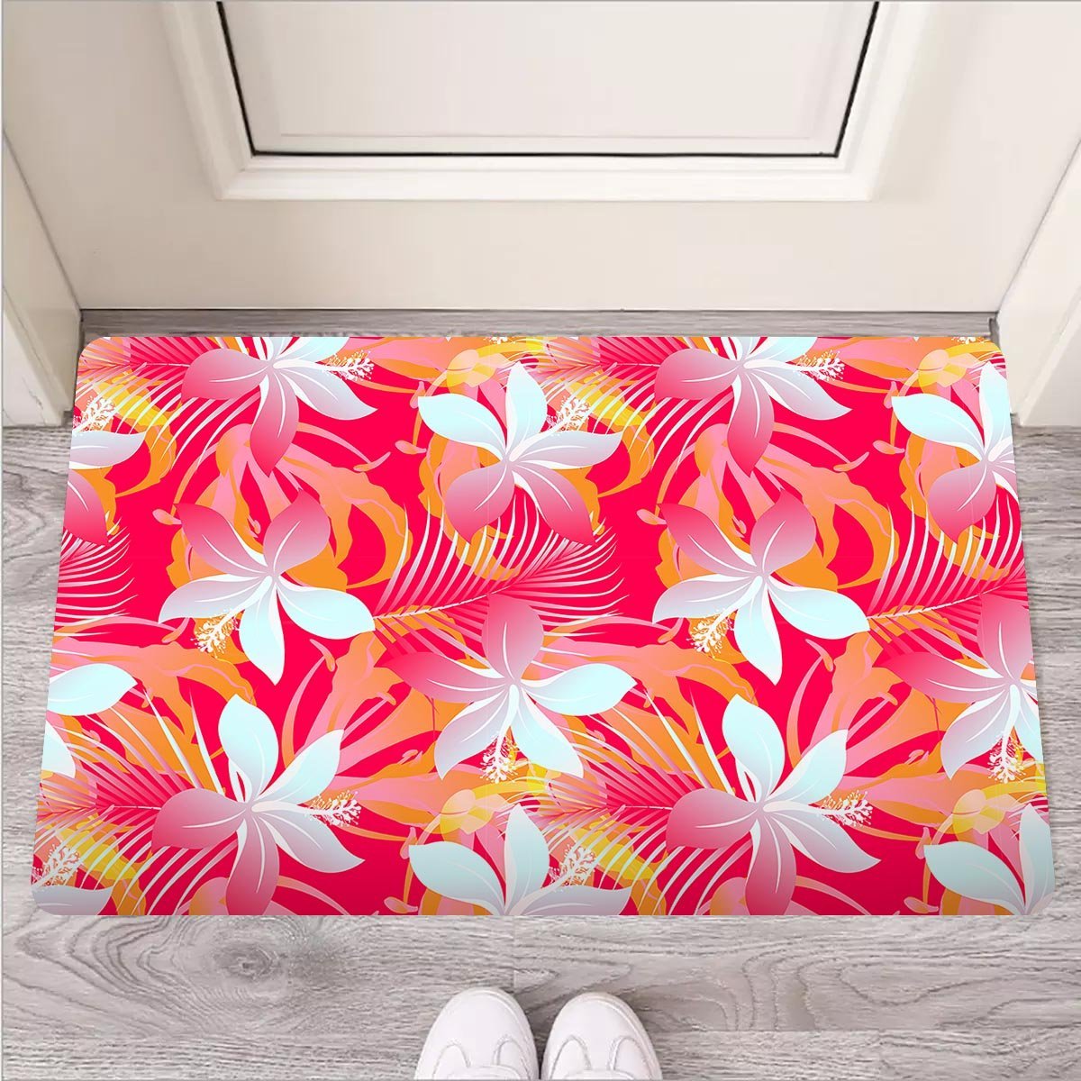 Red And Orange Hibiscus Hawaiian Print Door Mat-grizzshop