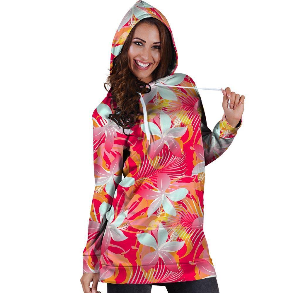 Red And Orange Hibiscus Hawaiian Print Hoodie Dress-grizzshop