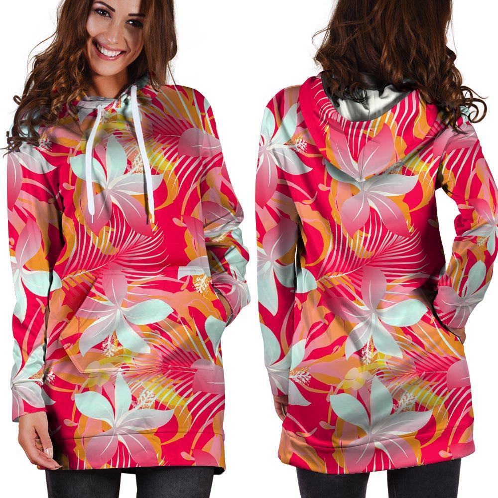 Red And Orange Hibiscus Hawaiian Print Hoodie Dress-grizzshop