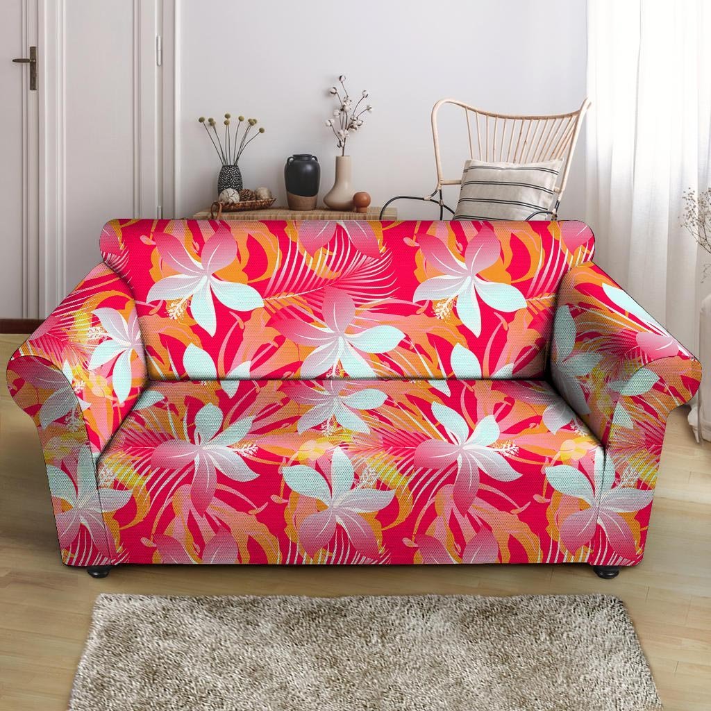 Red And Orange Hibiscus Hawaiian Print Loveseat Cover-grizzshop