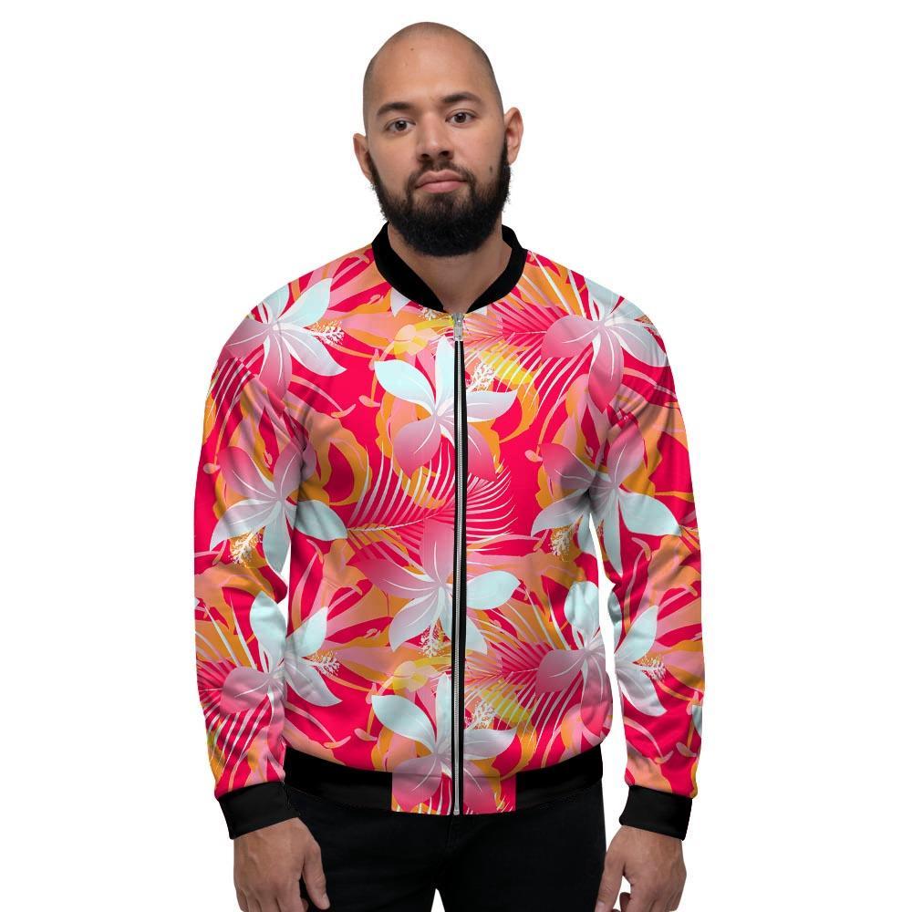 Red And Orange Hibiscus Hawaiian Print Men's Bomber Jacket-grizzshop