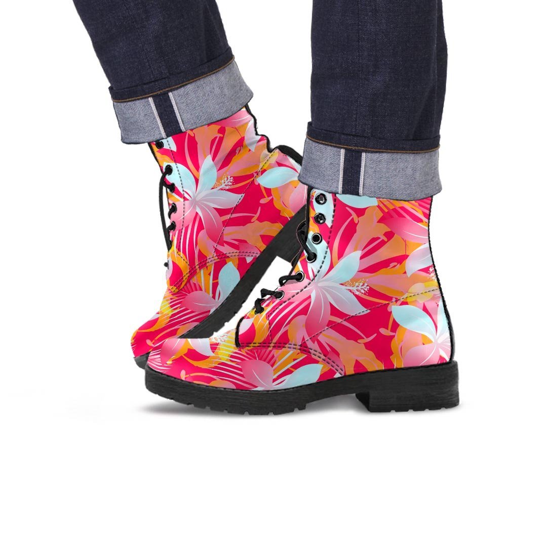 Red And Orange Hibiscus Hawaiian Print Men's Boots-grizzshop