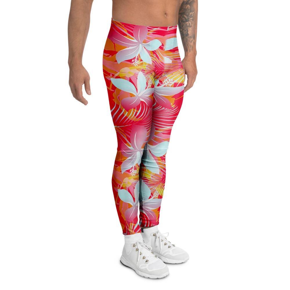 Red And Orange Hibiscus Hawaiian Print Men's Leggings-grizzshop