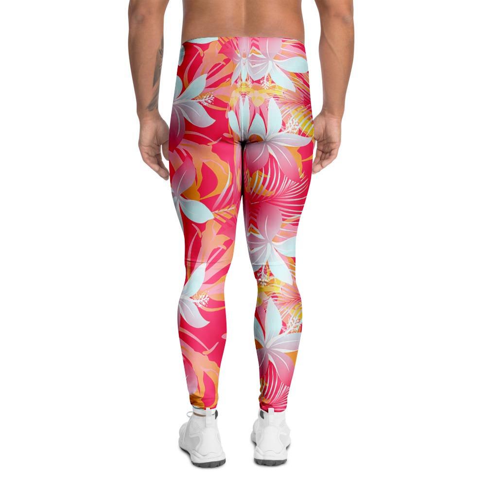 Red And Orange Hibiscus Hawaiian Print Men's Leggings-grizzshop