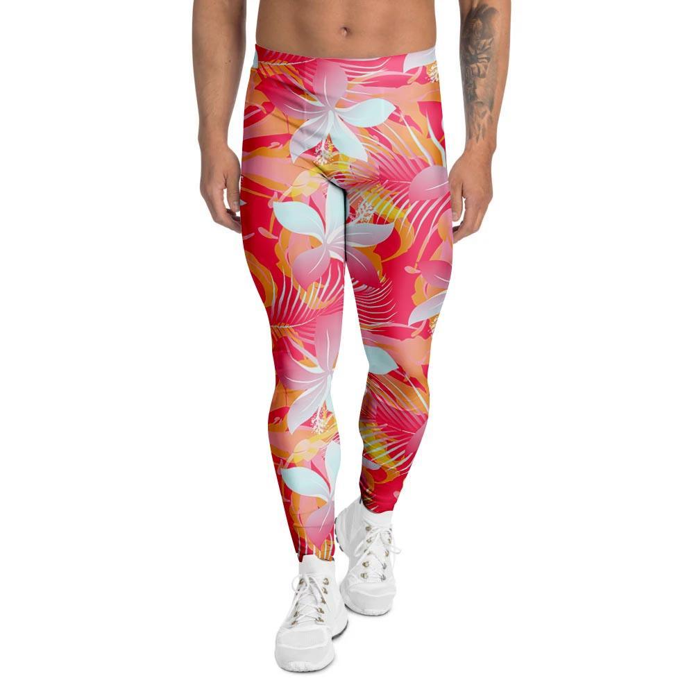 Red And Orange Hibiscus Hawaiian Print Men's Leggings-grizzshop