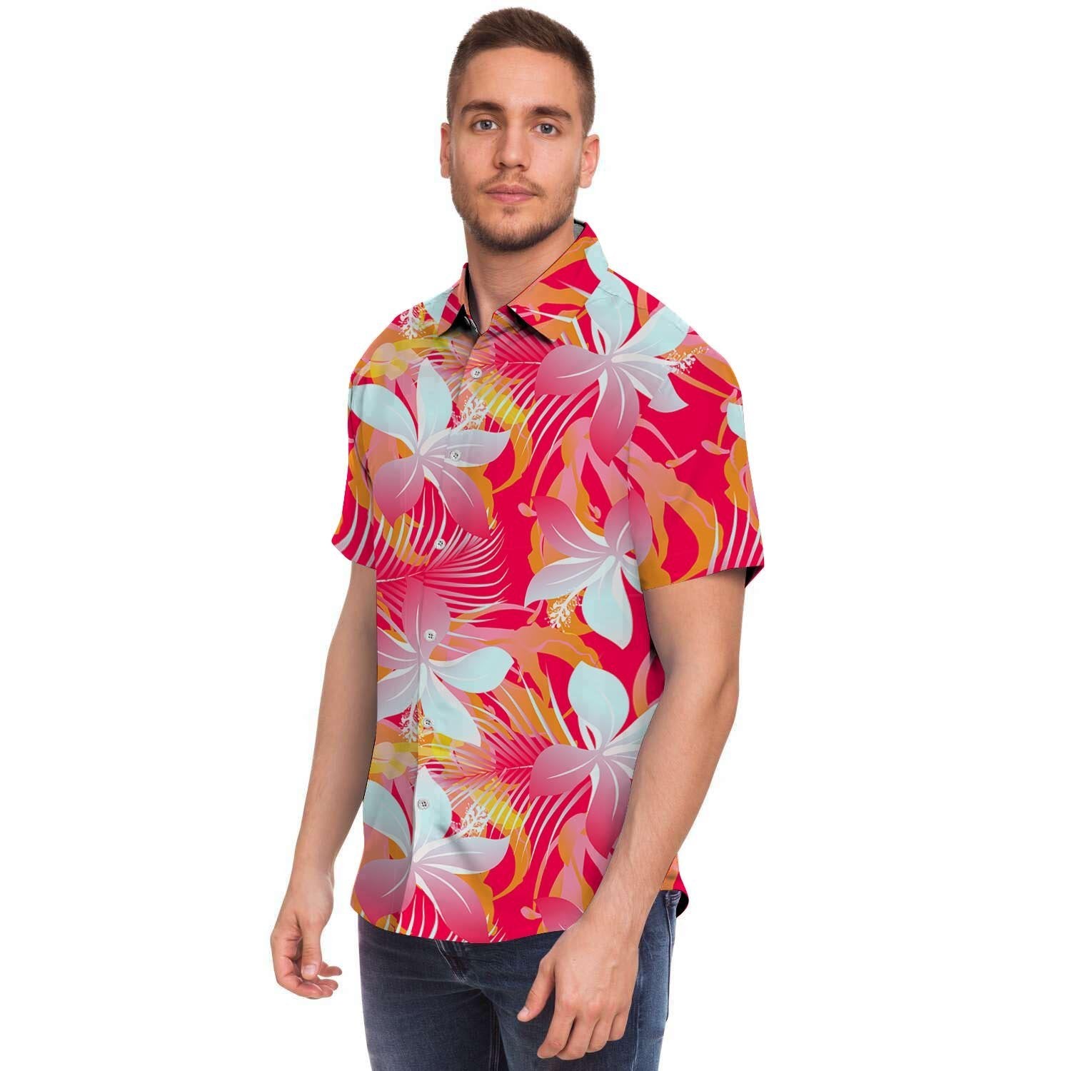 Red And Orange Hibiscus Hawaiian Print Men's Short Sleeve Shirt-grizzshop