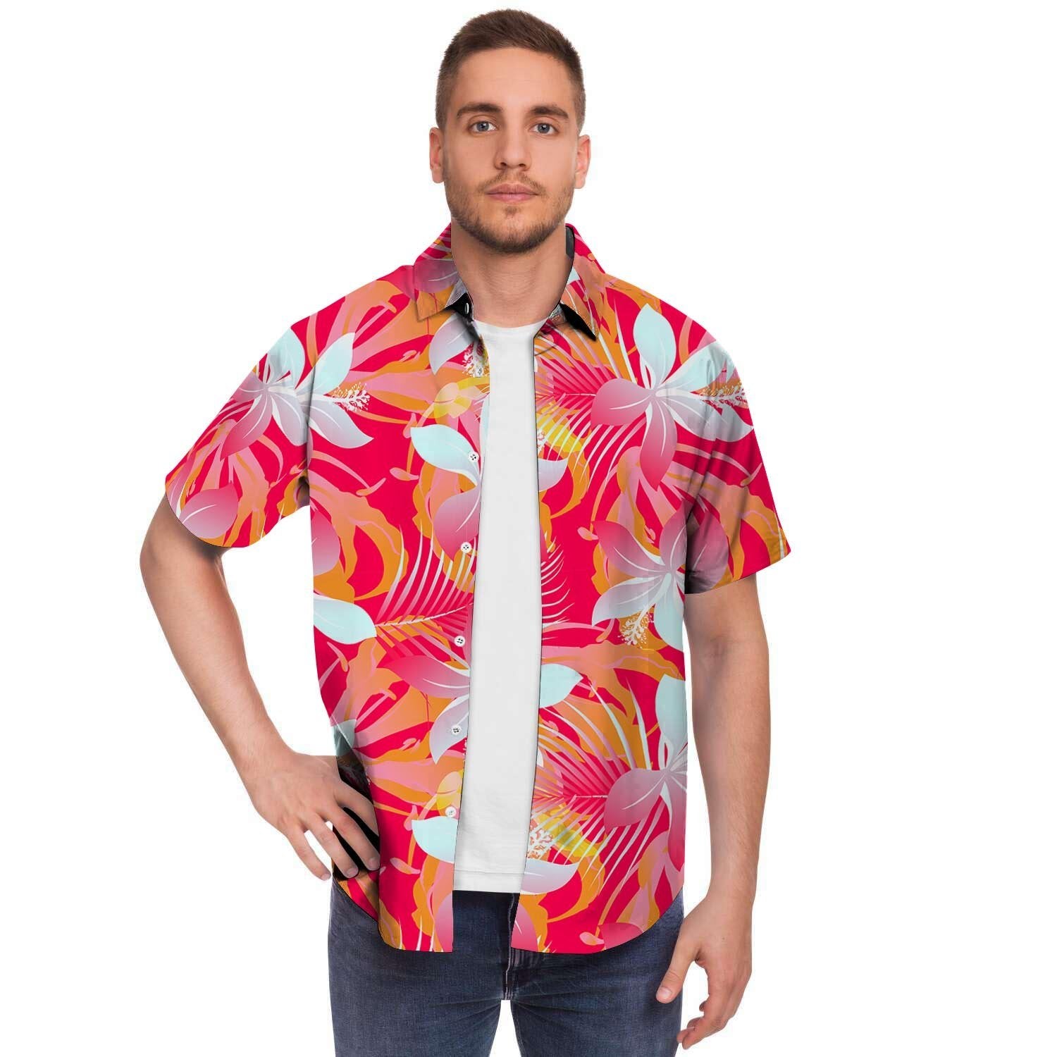 Red And Orange Hibiscus Hawaiian Print Men's Short Sleeve Shirt-grizzshop