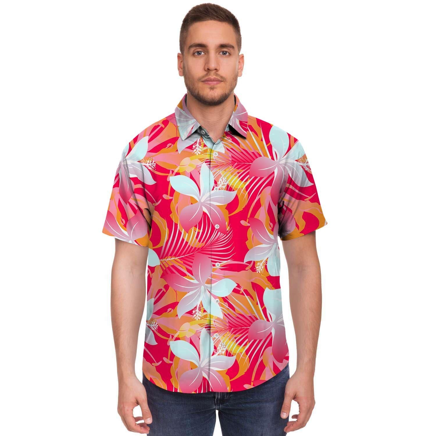 Red And Orange Hibiscus Hawaiian Print Men's Short Sleeve Shirt-grizzshop