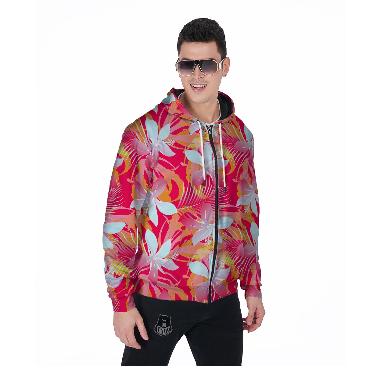 Red And Orange Hibiscus Hawaiian Print Men's Zip Up Hoodie-grizzshop