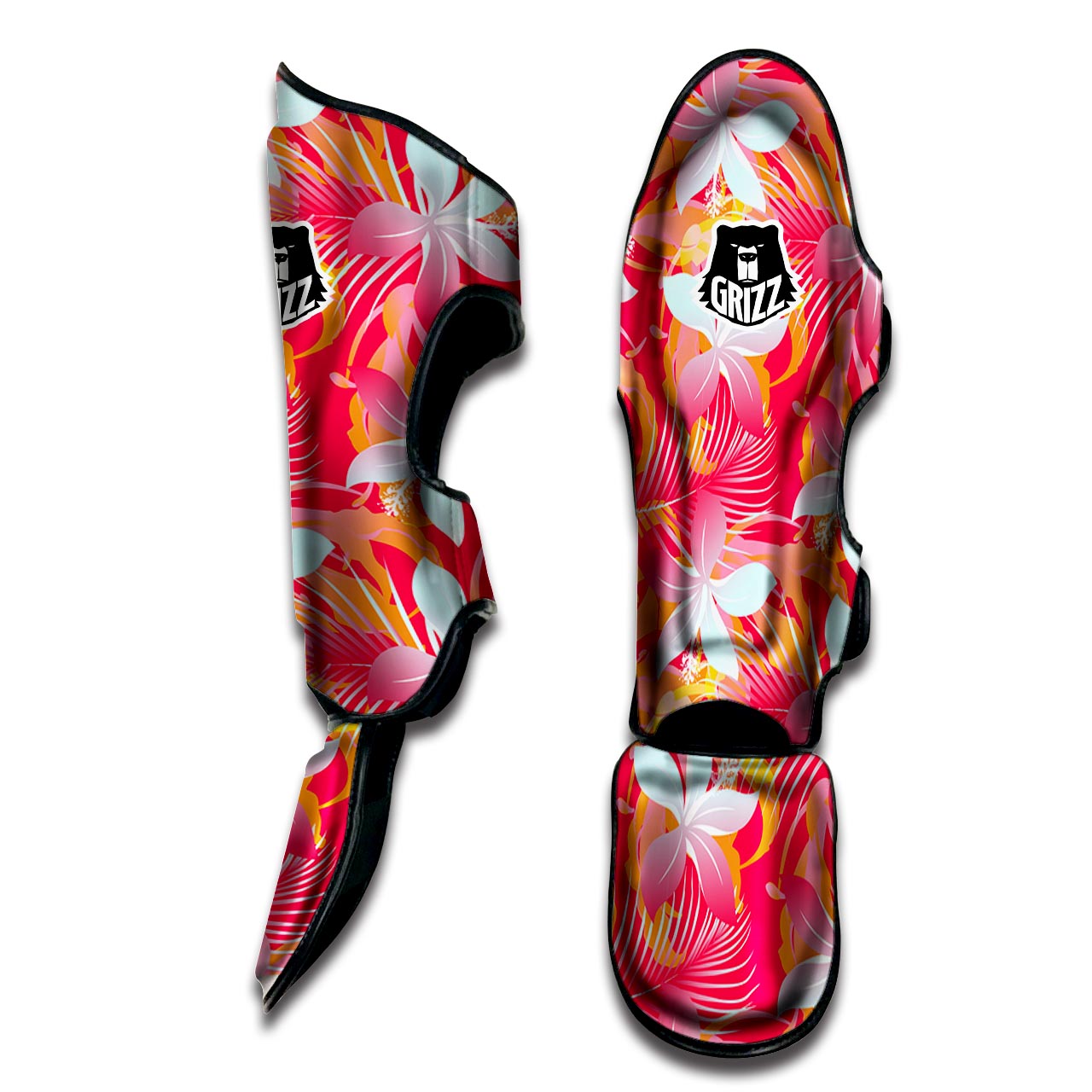 Red And Orange Hibiscus Hawaiian Print Muay Thai Shin Guard-grizzshop