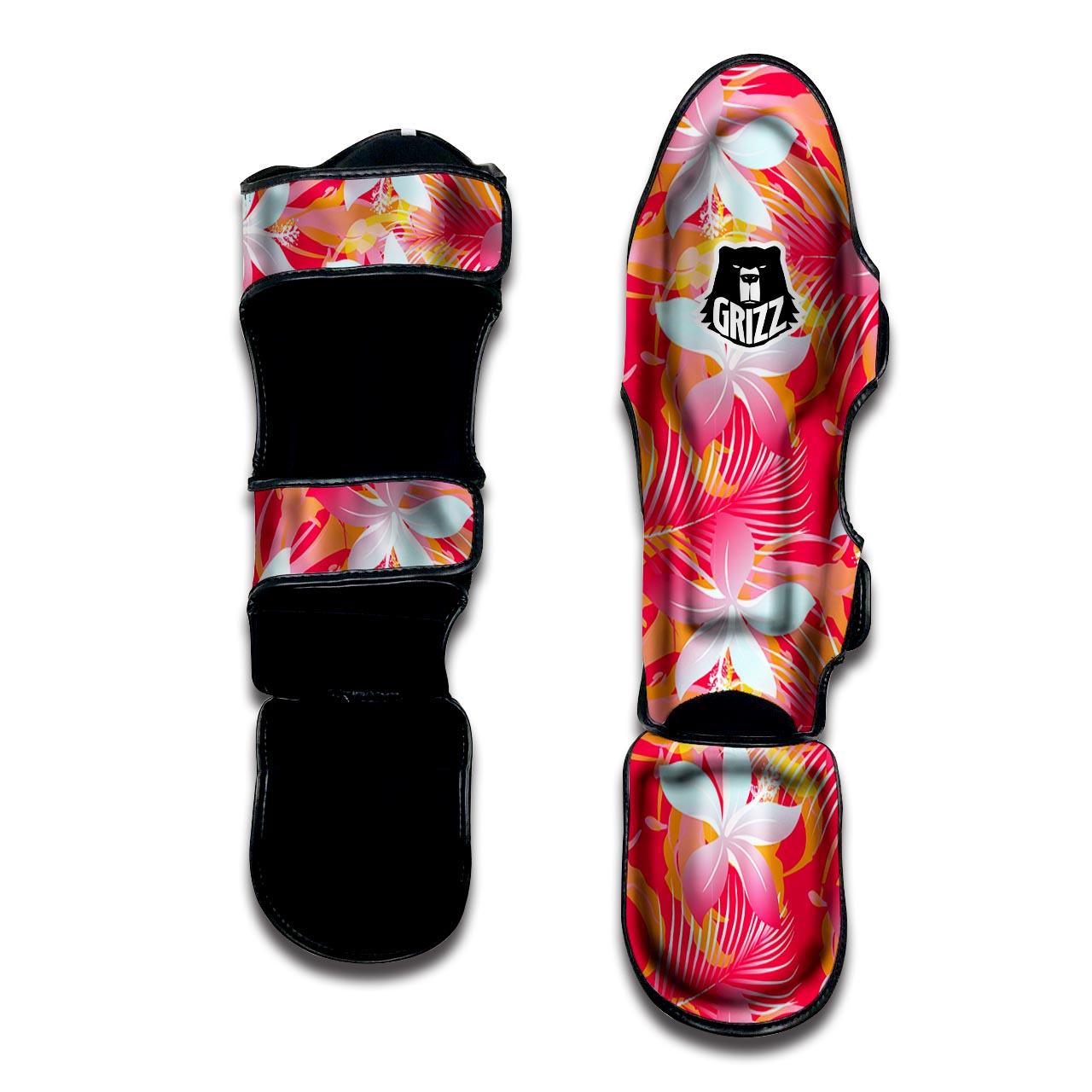 Red And Orange Hibiscus Hawaiian Print Muay Thai Shin Guard-grizzshop