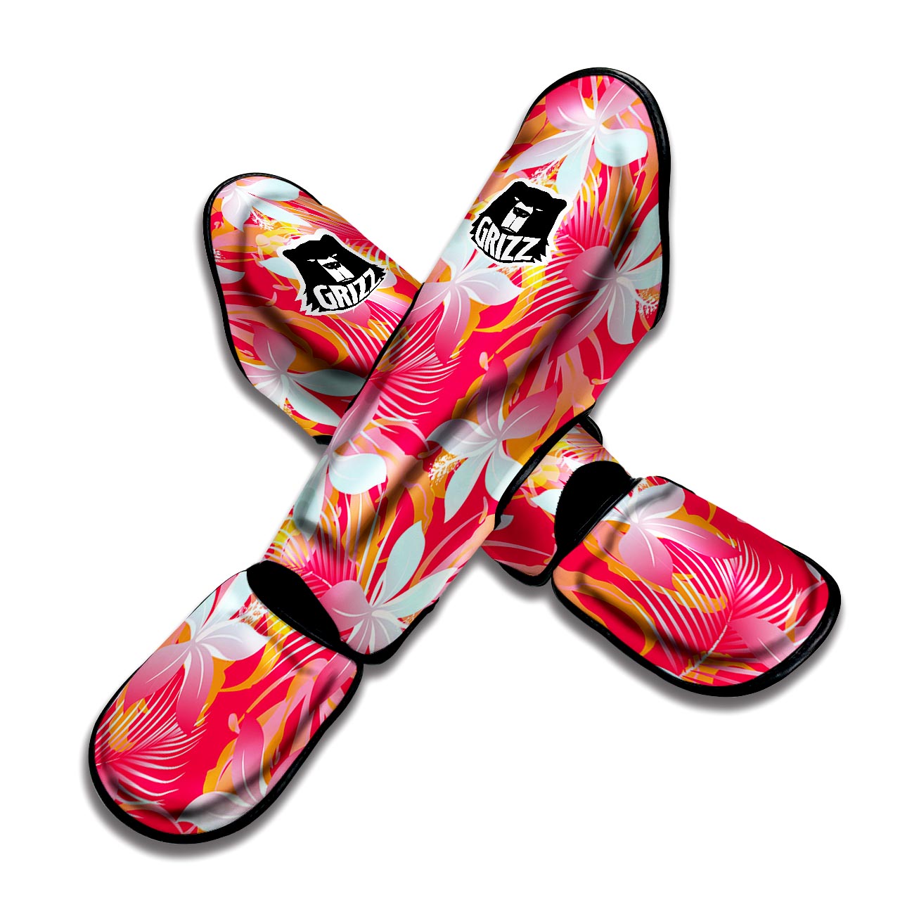 Red And Orange Hibiscus Hawaiian Print Muay Thai Shin Guard-grizzshop