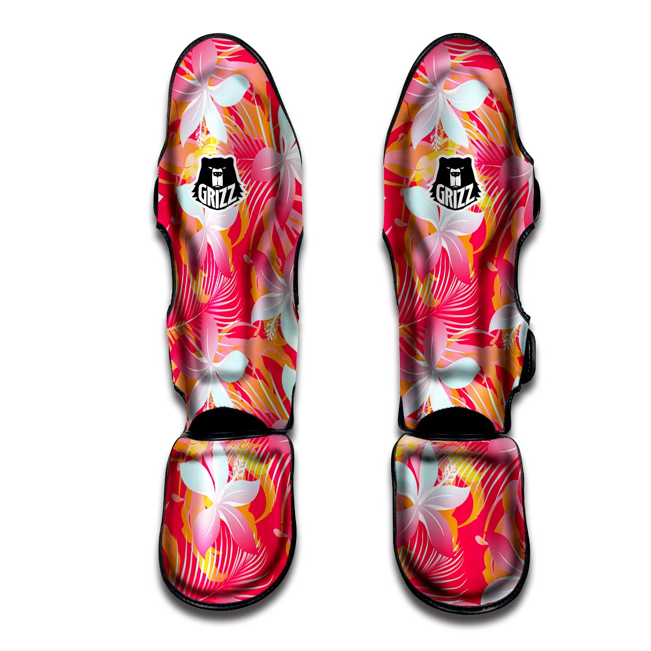 Red And Orange Hibiscus Hawaiian Print Muay Thai Shin Guard-grizzshop