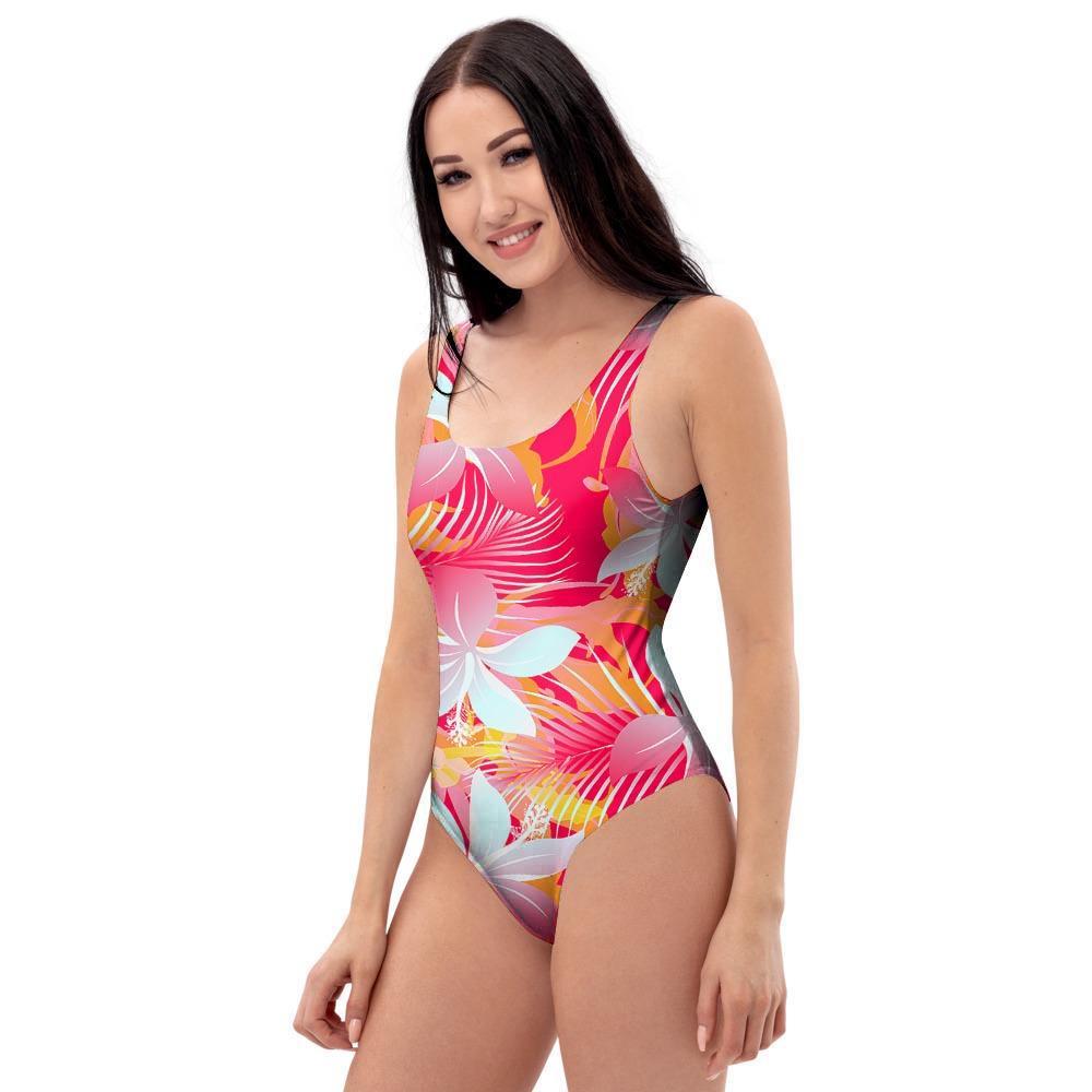 Red And Orange Hibiscus Hawaiian Print One Piece Swimsuite-grizzshop