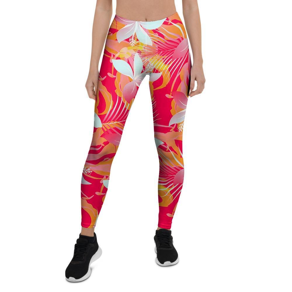 Red And Orange Hibiscus Hawaiian Print Women's Leggings-grizzshop