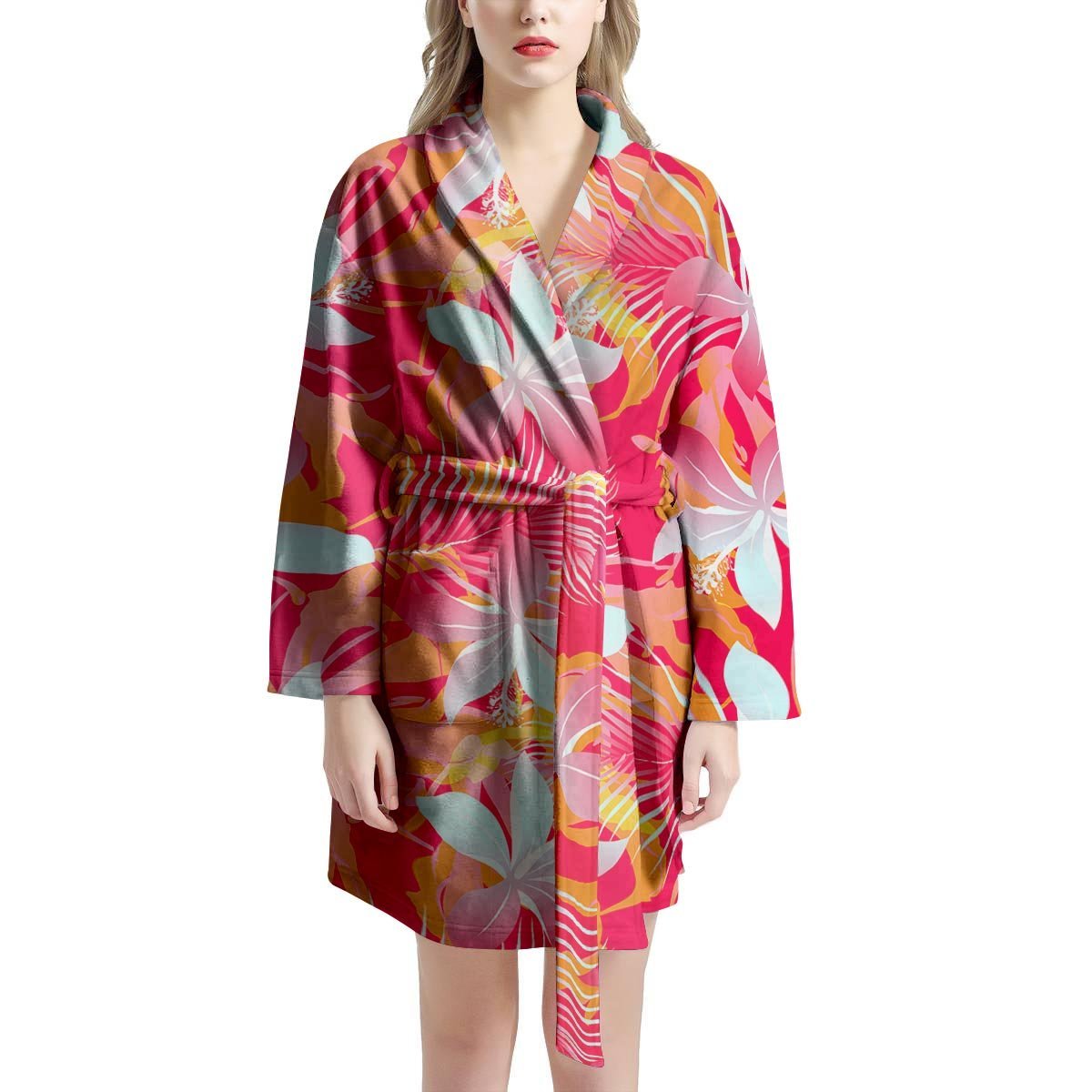 Red And Orange Hibiscus Hawaiian Print Women's Robe-grizzshop