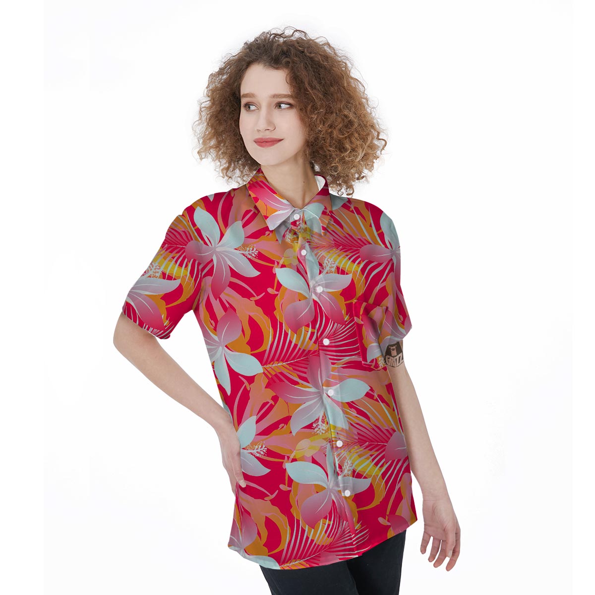 Red And Orange Hibiscus Hawaiian Print Women's Short Sleeve Shirts-grizzshop