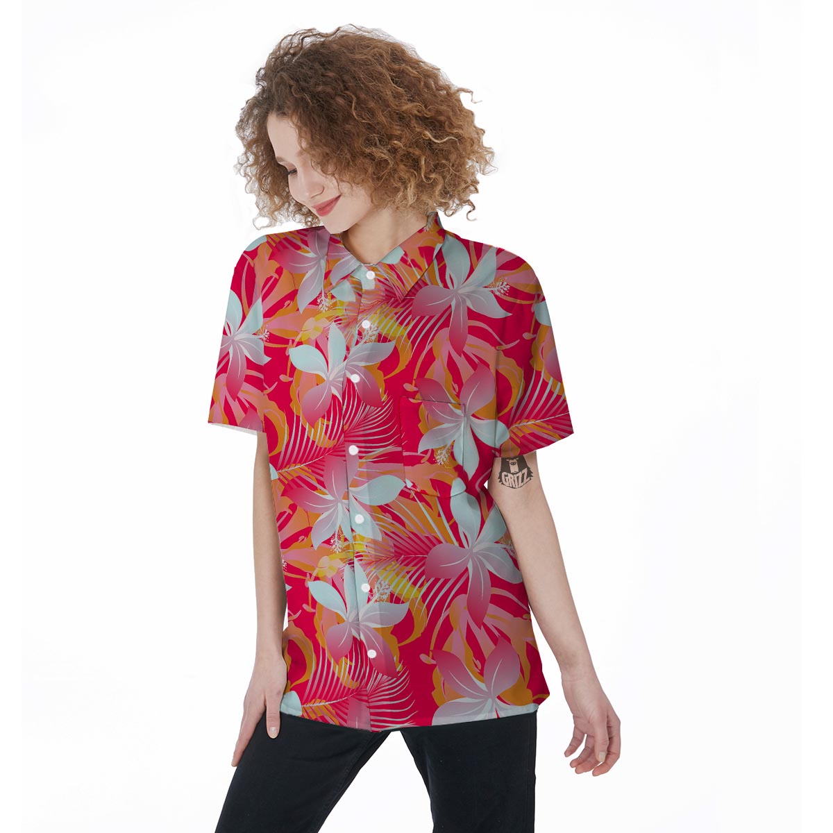 Red And Orange Hibiscus Hawaiian Print Women's Short Sleeve Shirts-grizzshop