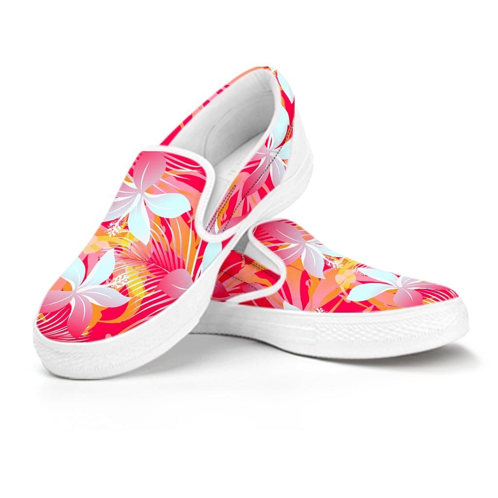 Red And Orange Hibiscus Hawaiian Print Women's Slip On Sneakers-grizzshop