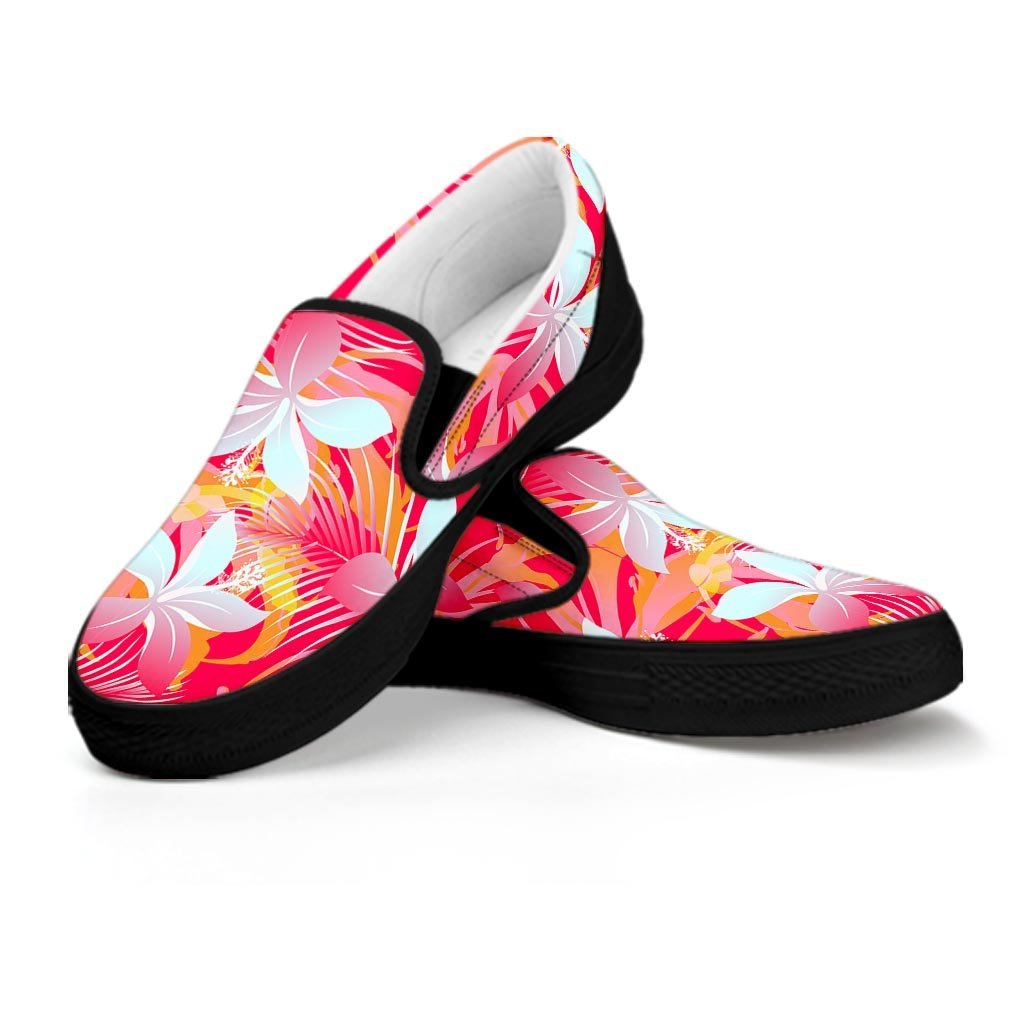 Red And Orange Hibiscus Hawaiian Print Women's Slip On Sneakers-grizzshop
