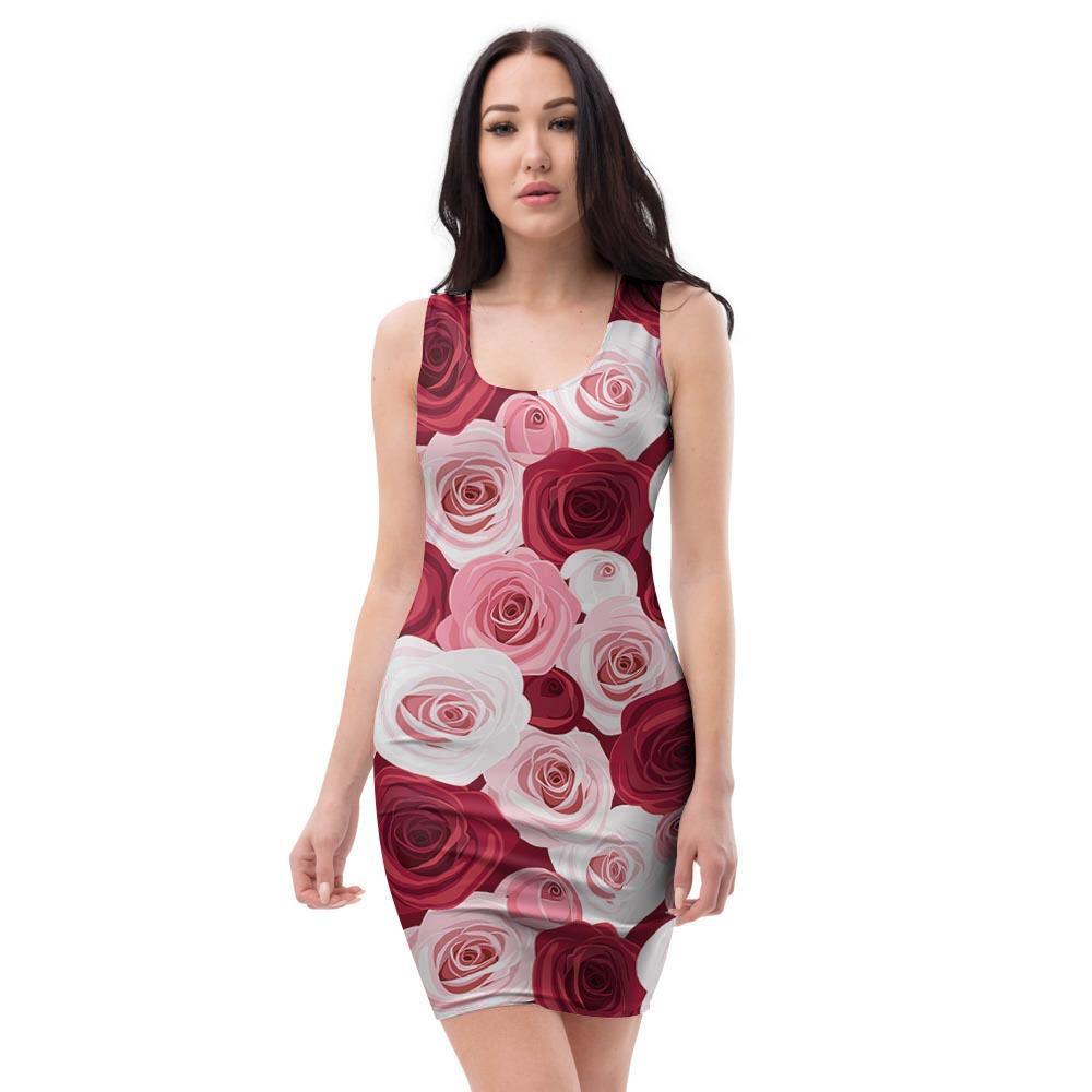 Red And Pink Rose Floral Bodycon Dress-grizzshop