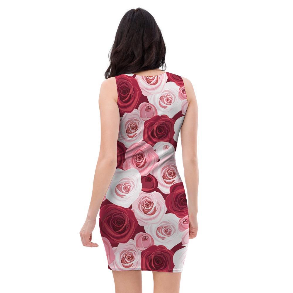 Red And Pink Rose Floral Bodycon Dress-grizzshop