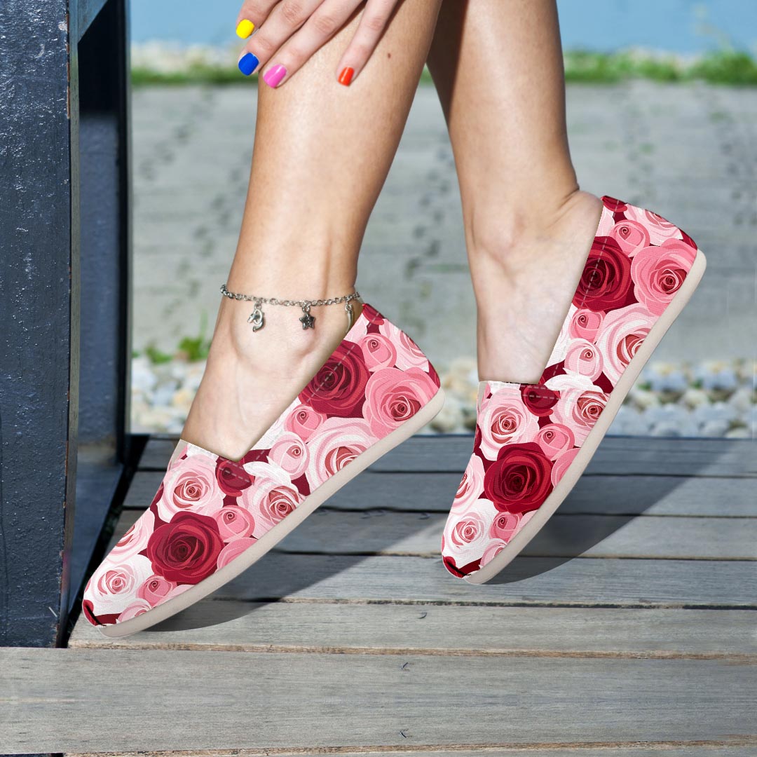 Red And Pink Rose Floral Canvas Shoes-grizzshop