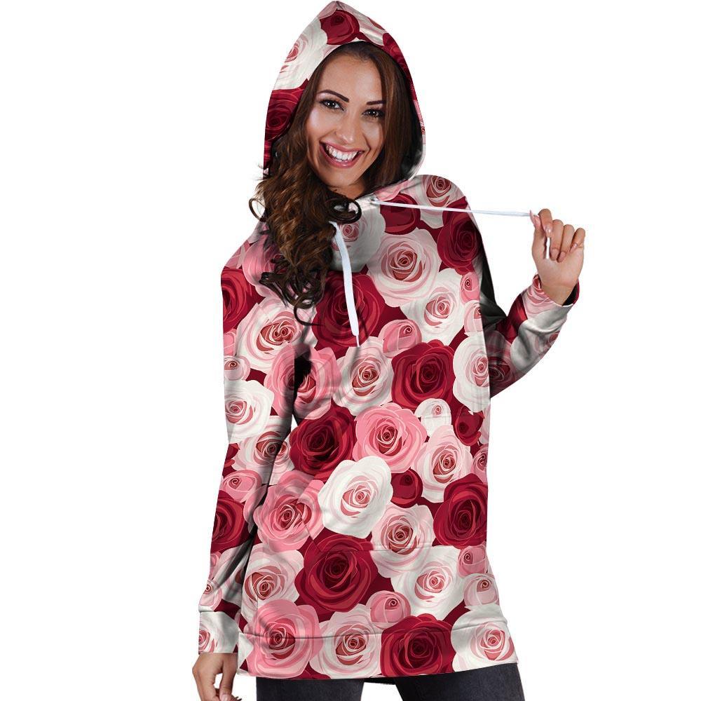 Red And Pink Rose Floral Hoodie Dress-grizzshop