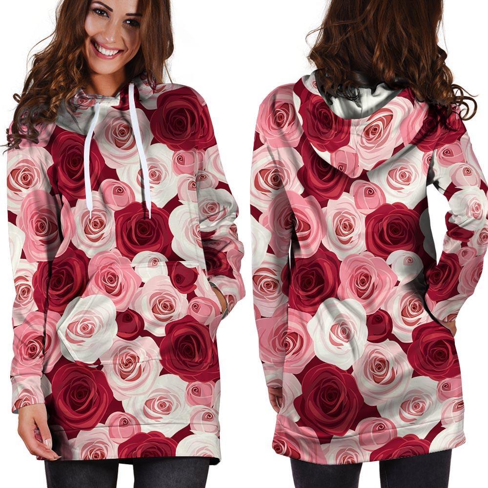 Red And Pink Rose Floral Hoodie Dress-grizzshop