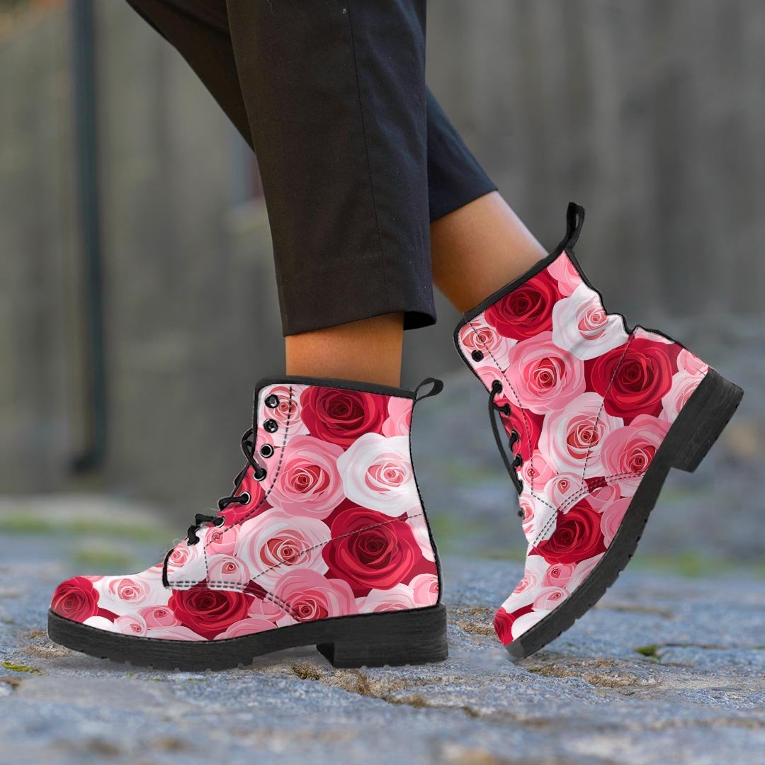 Red And Pink Rose Floral Men's Boots-grizzshop