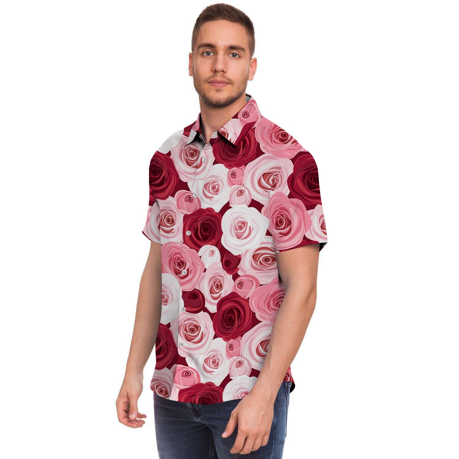 Red And Pink Rose Floral Men's Short Sleeve Shirt-grizzshop