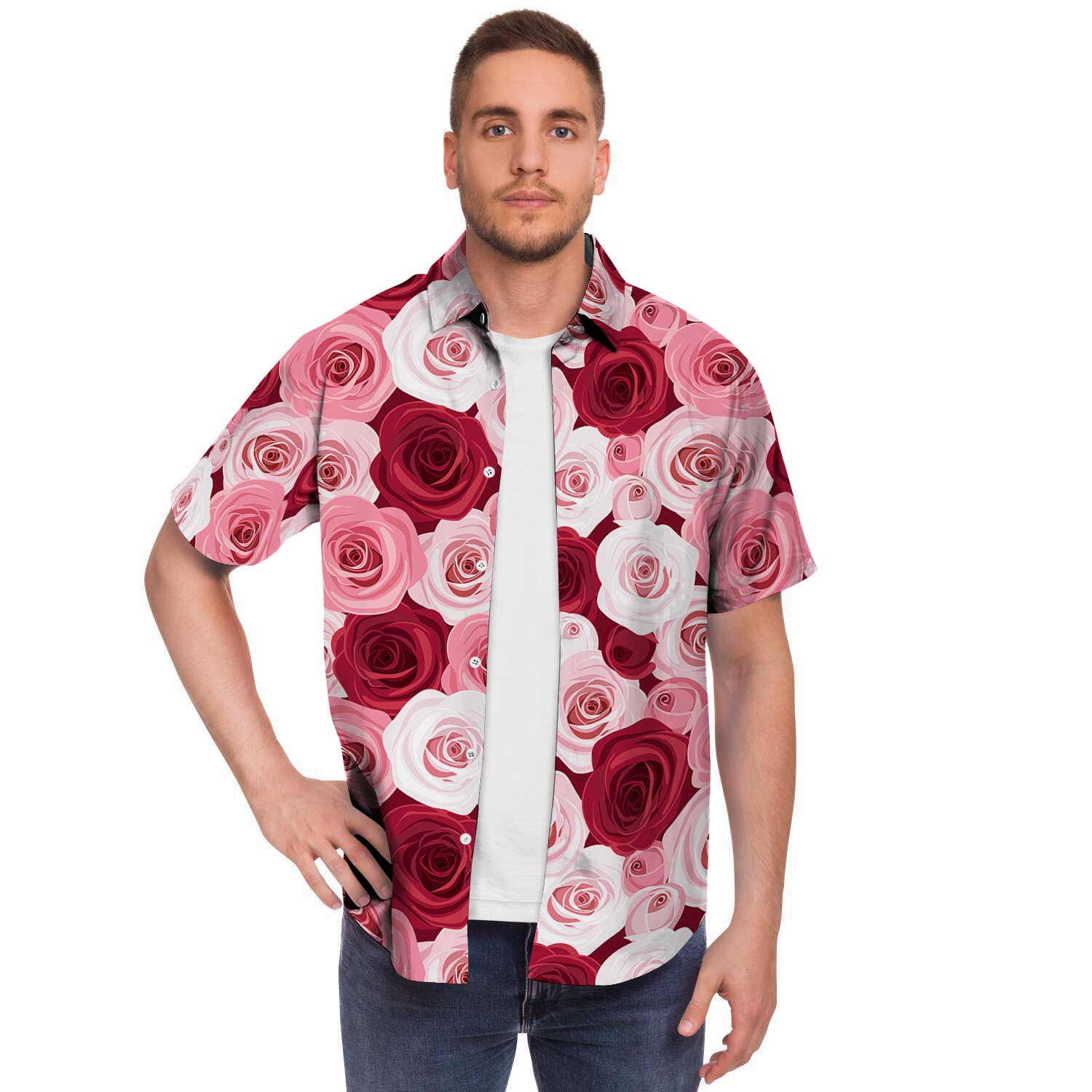 Red And Pink Rose Floral Men's Short Sleeve Shirt-grizzshop
