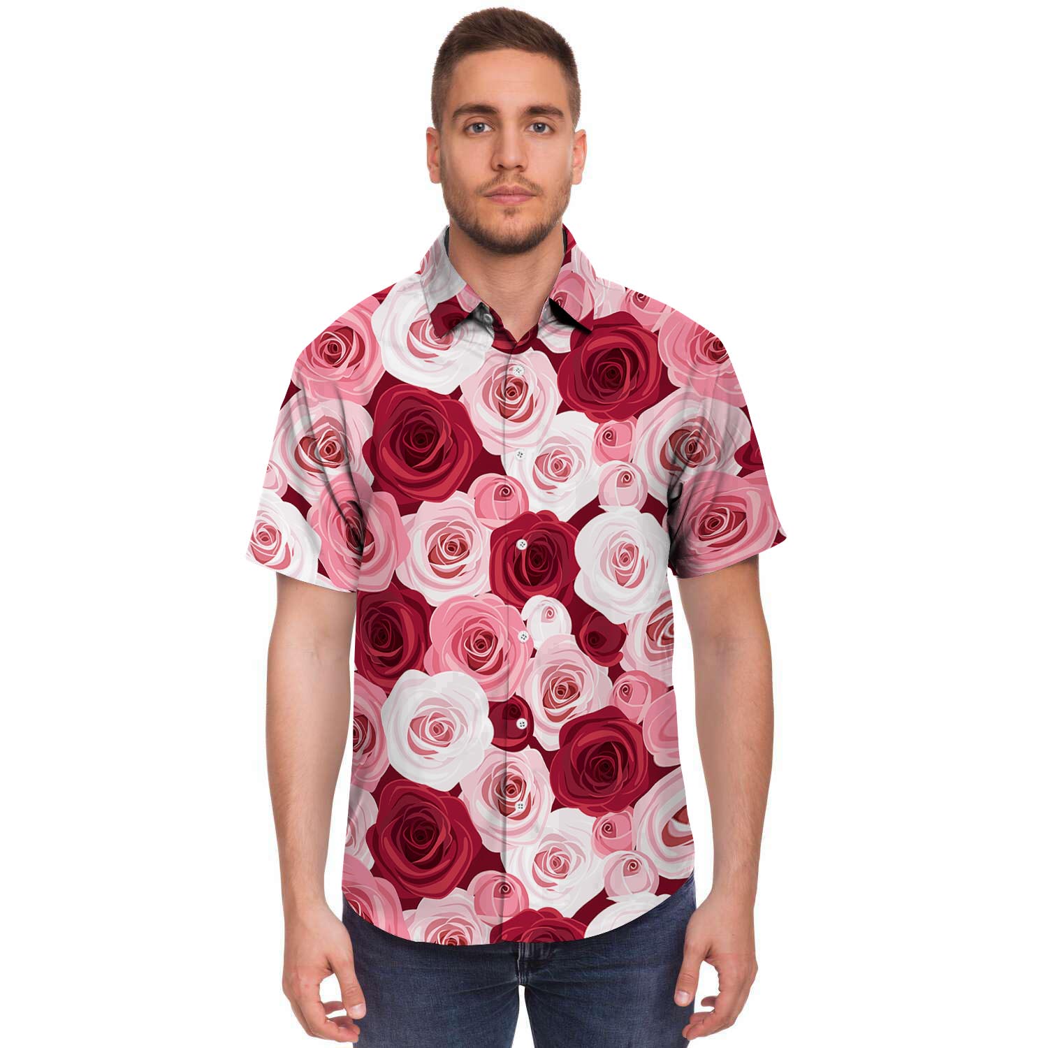 Red And Pink Rose Floral Men's Short Sleeve Shirt-grizzshop