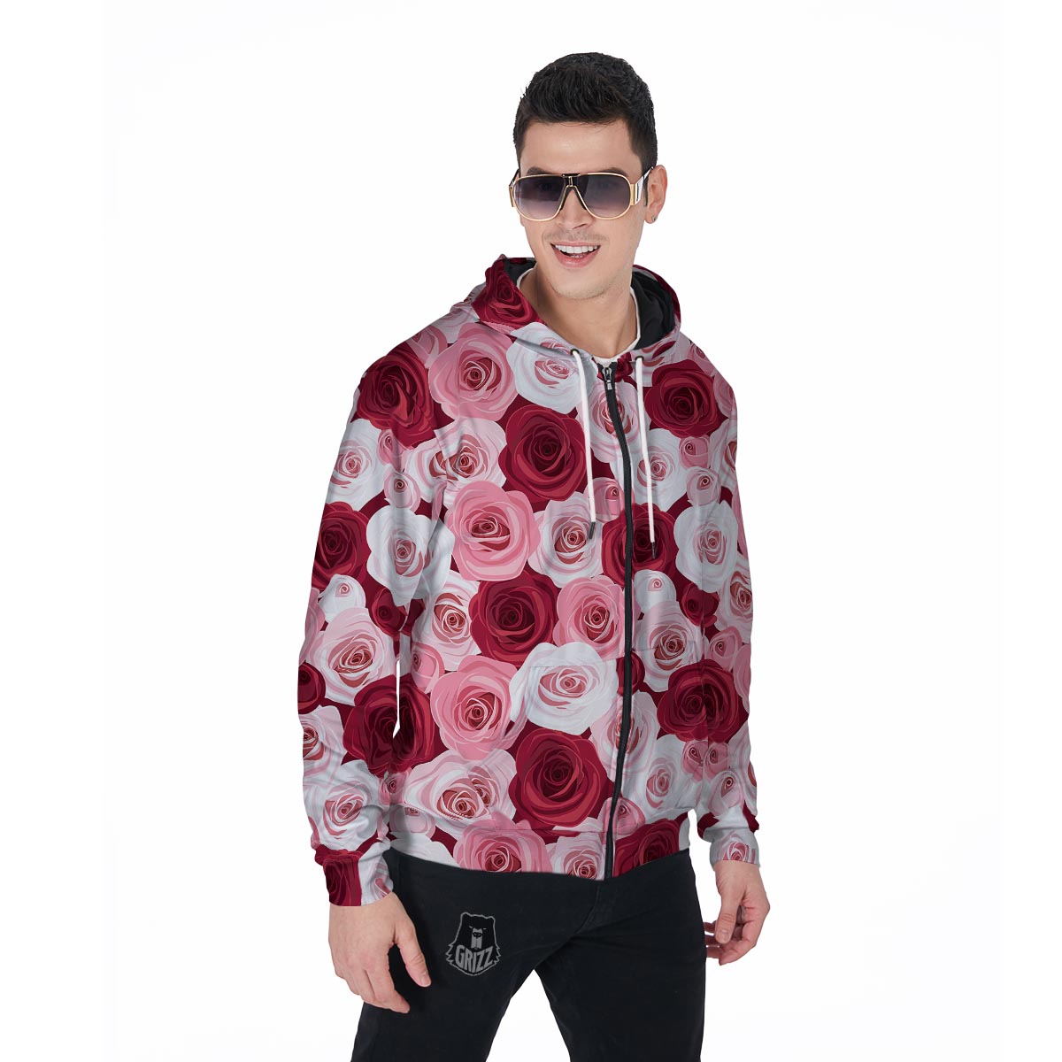 Red And Pink Rose Floral Men's Zip Up Hoodie-grizzshop