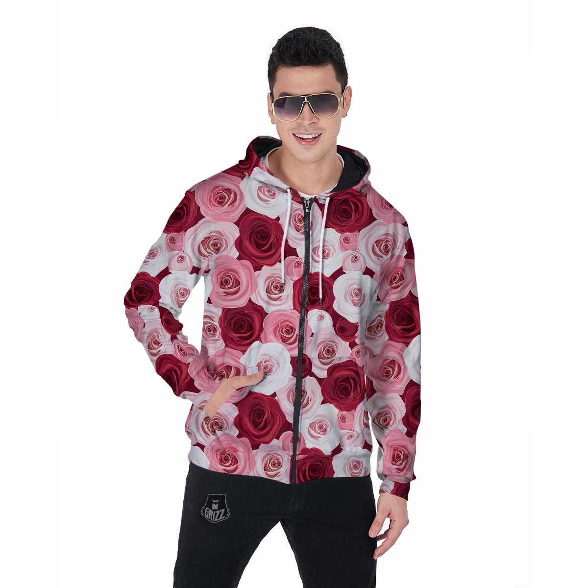 Red And Pink Rose Floral Men's Zip Up Hoodie-grizzshop