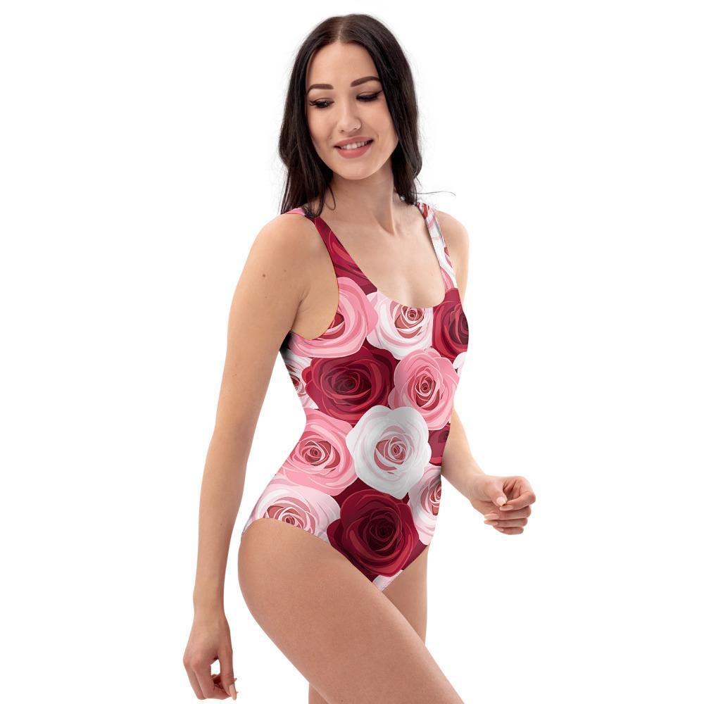 Red And Pink Rose Floral One Piece Swimsuite-grizzshop