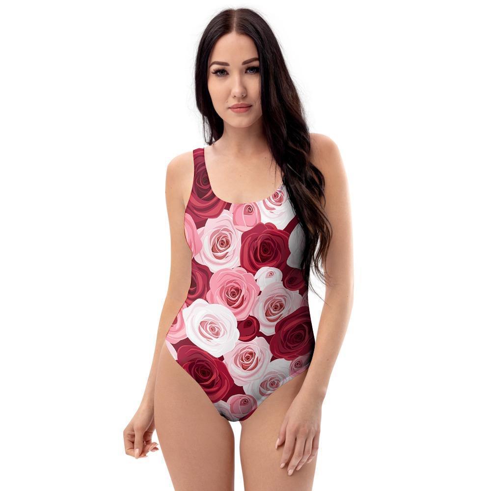 Red And Pink Rose Floral One Piece Swimsuite-grizzshop